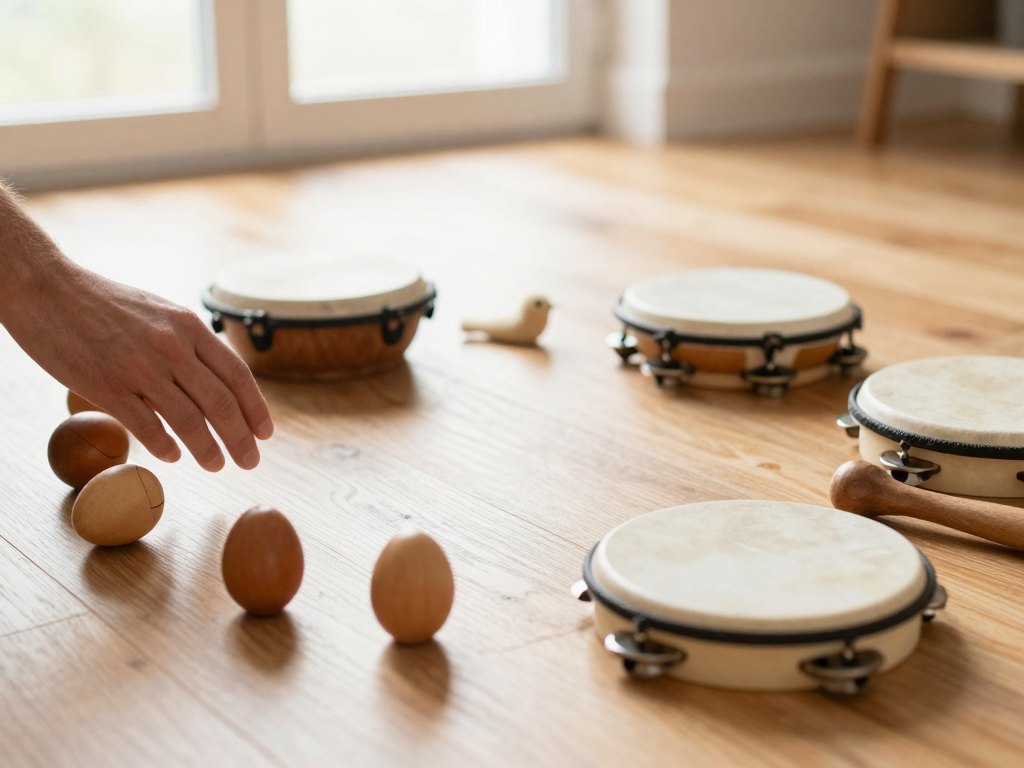Hands passing an egg shaker across a circle of small percussion instruments and felt birds on a wooden floor