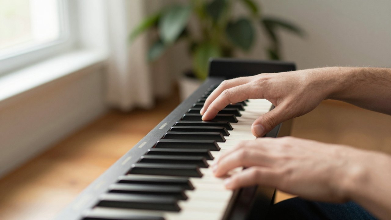 An adult hand and a small hand playing piano keys together in soft morning light