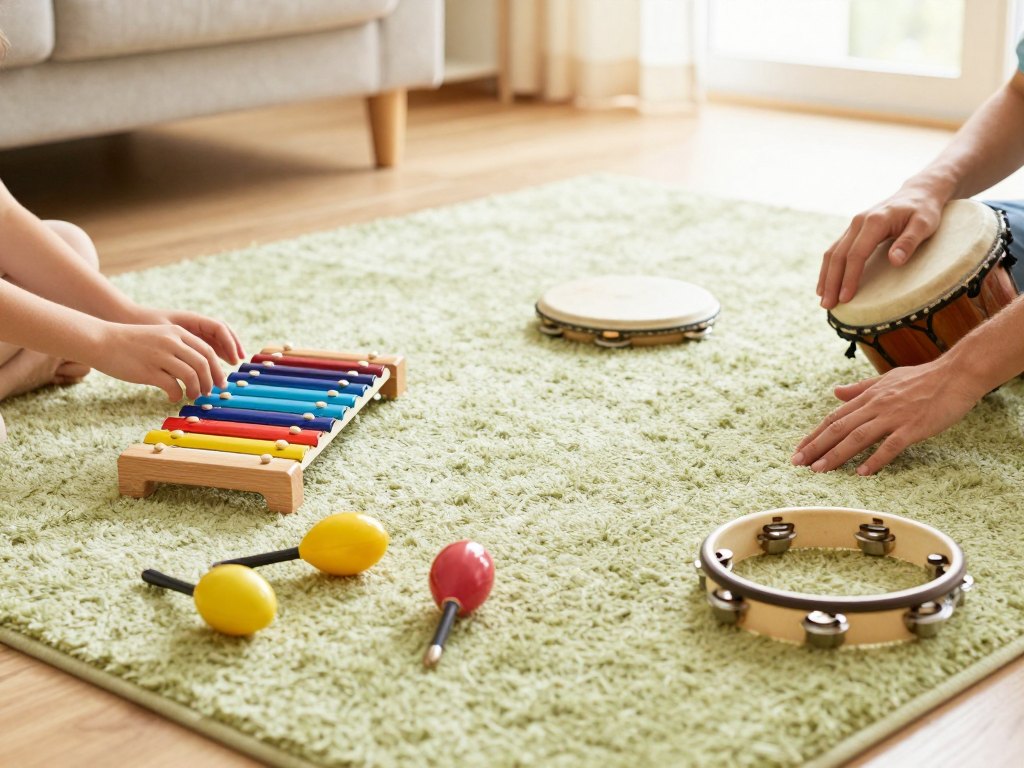Small percussion instruments on a rug with an adult's and a child's hands reaching in