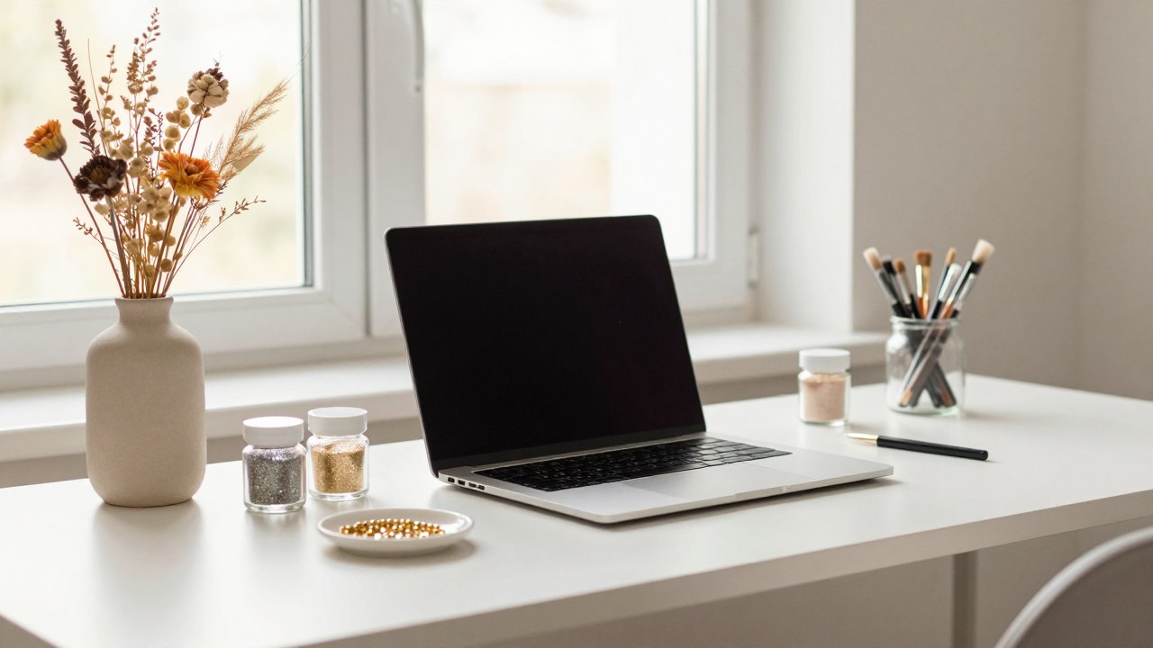 Nail artist's desk by a window with brushes, decorations, dried flowers and a closed laptop