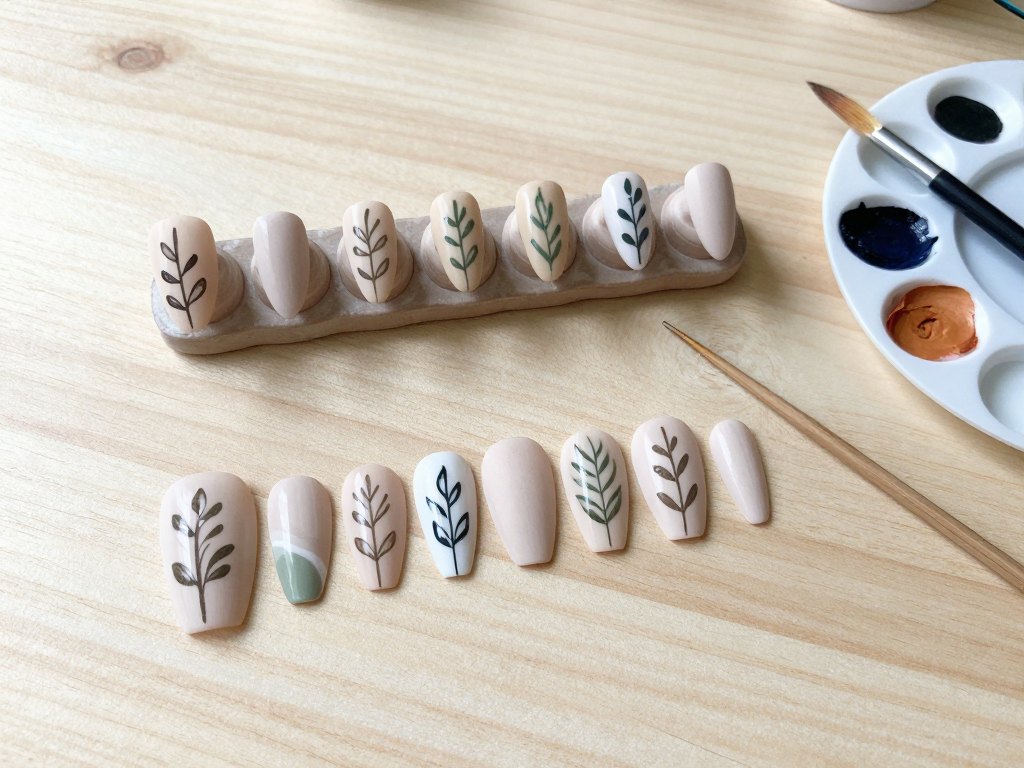 Practice nail tips showing a painted design in stages, beside thin brushes and a paint palette