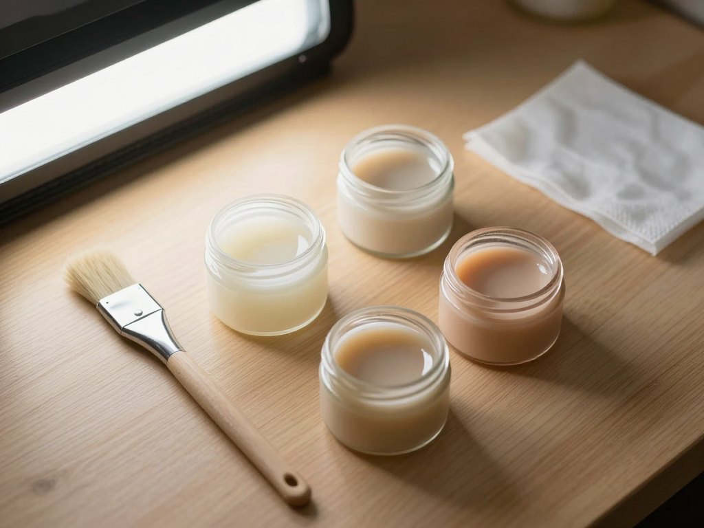 Assorted unlabeled gel pots and a brush arranged on a wooden nail technician desk