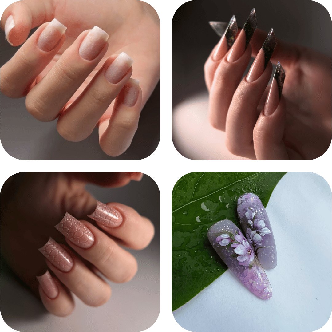 Collage of four manicures: ombre square nails, black-tipped stilettos, snake-pattern and purple floral nails