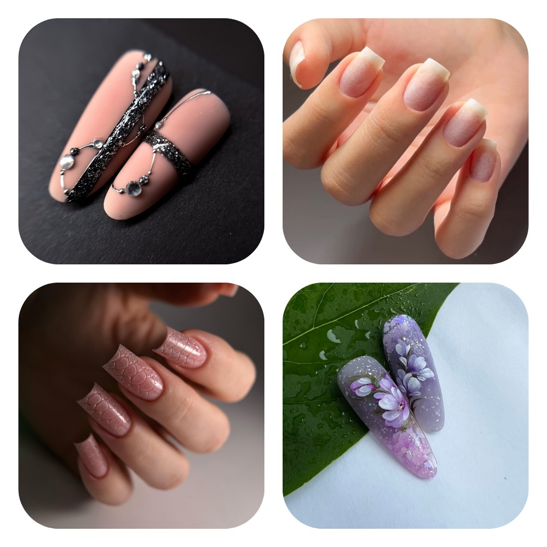 Collage of four nail designs including black jewelled, ombre, snake-pattern and floral manicures