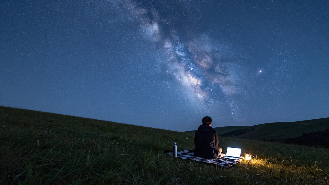 Person seen from behind on a meadow blanket looking at a starry night sky