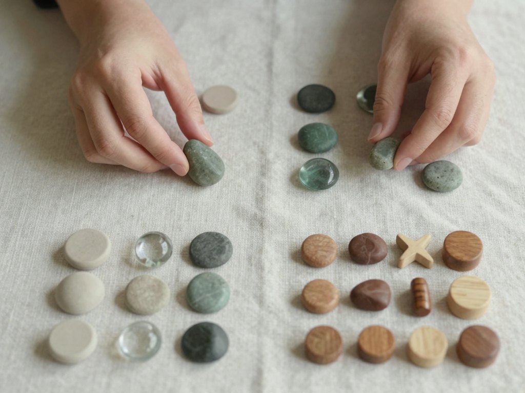 Hands sorting small coloured stones and tokens into groups on linen cloth