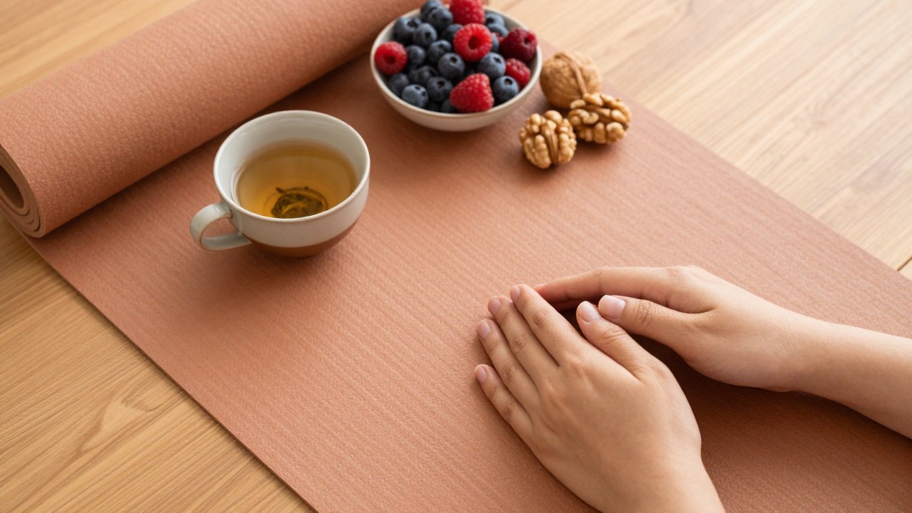 Table with herbal tea, berries, walnuts and hands resting beside a yoga mat