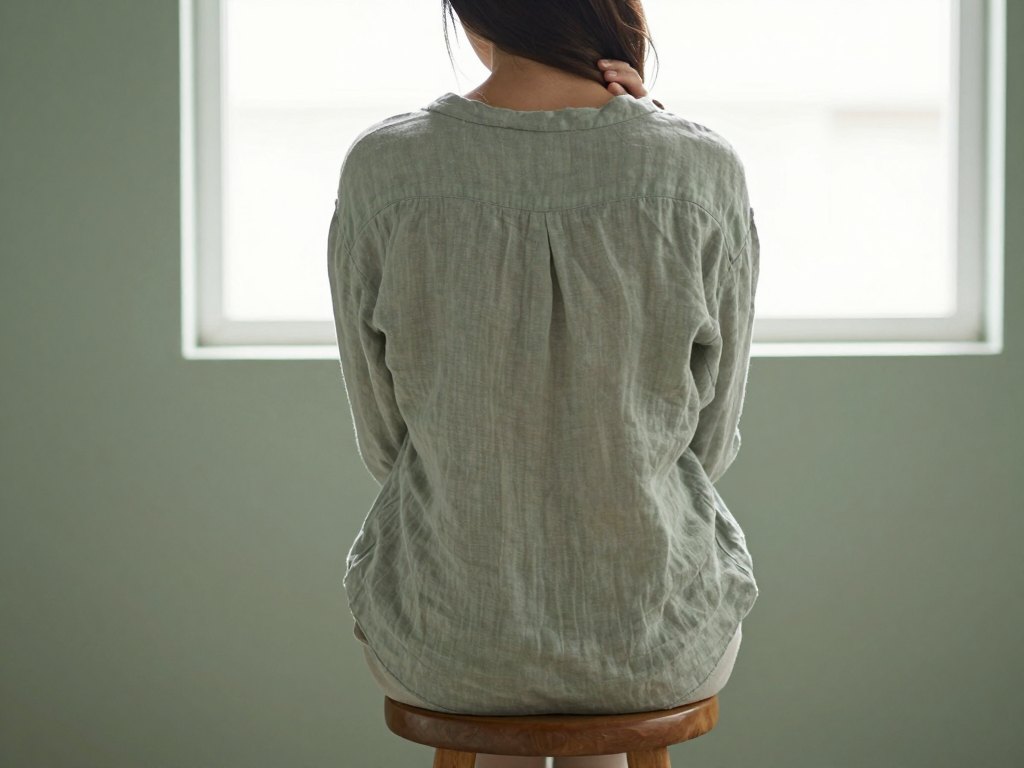 Woman seen from behind sitting upright by a window, hand resting at the back of her neck