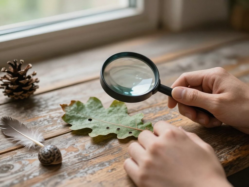 Hands examining a leaf with a magnifying glass among a feather, pinecone and shell