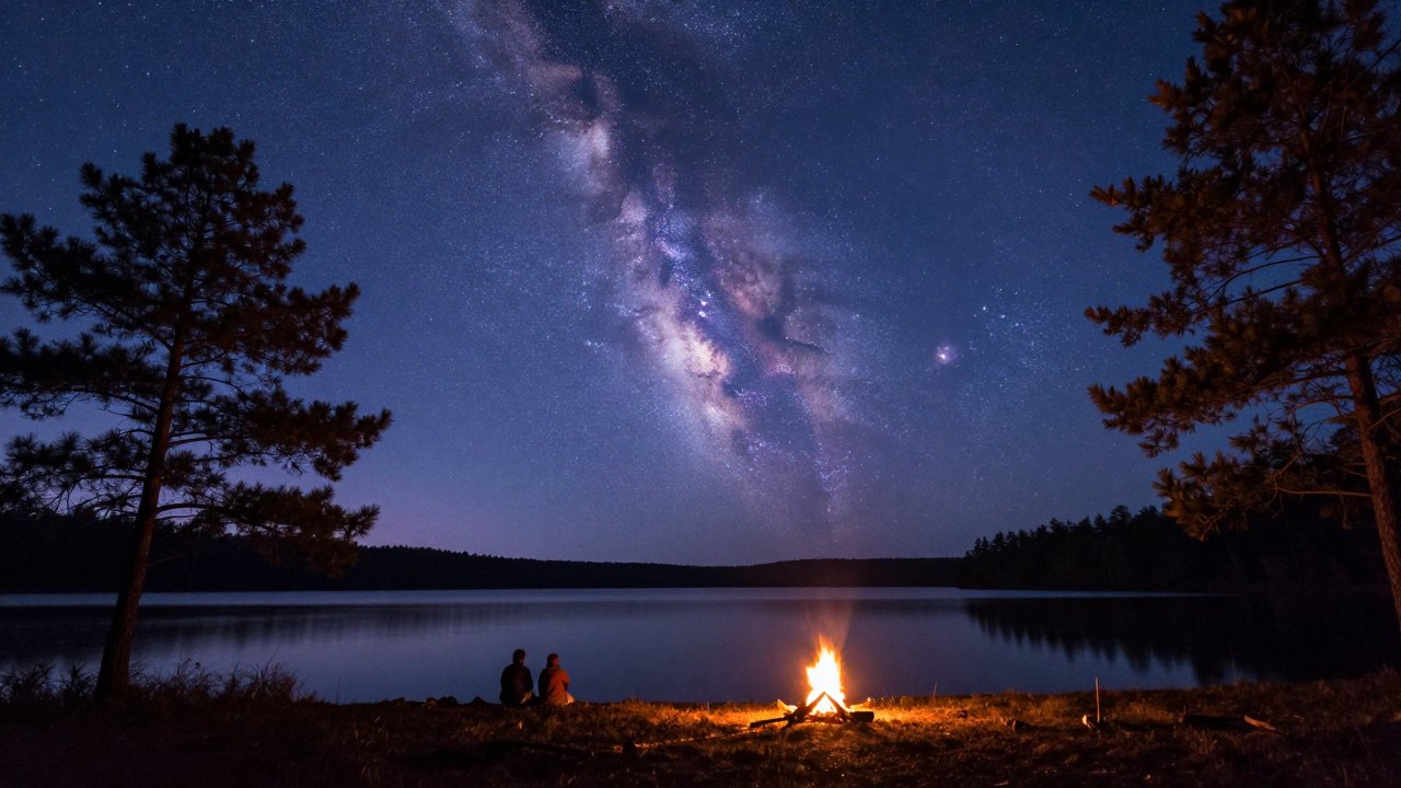 Starry night sky over a calm lake with a campfire and two distant figures