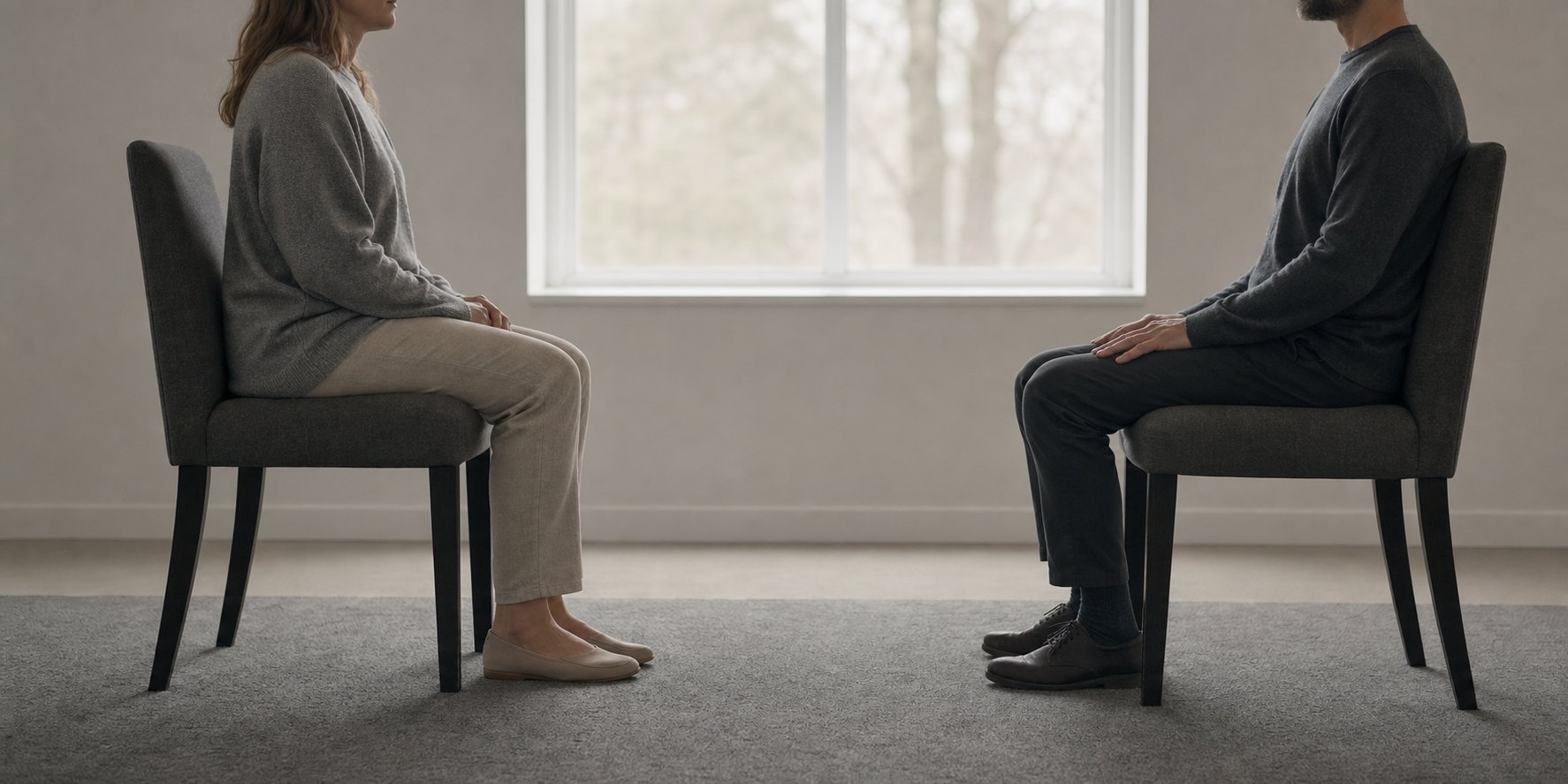 Man and woman sitting on chairs facing each other in a quiet room by a window