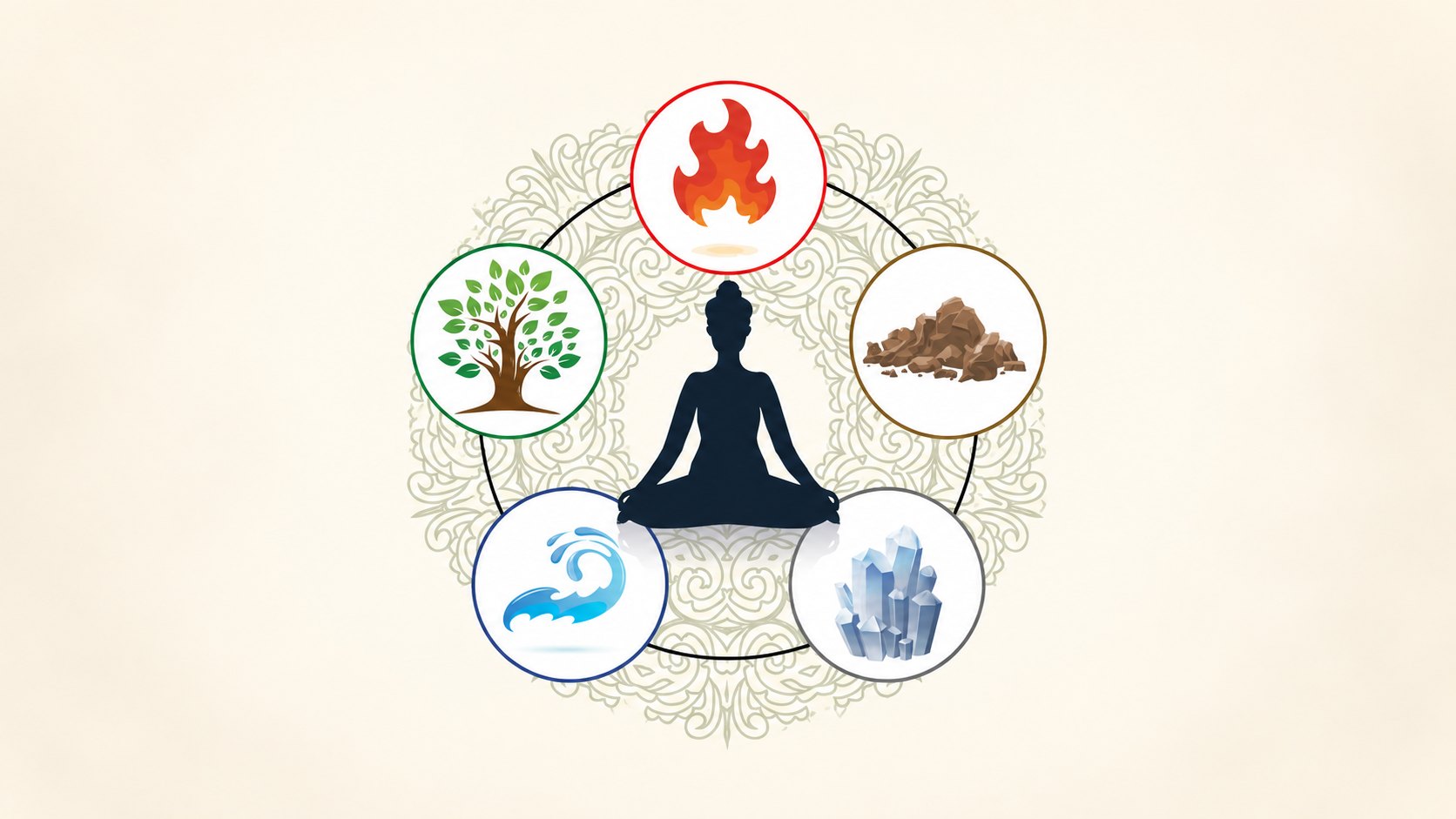Meditating silhouette surrounded by circles showing fire, earth, crystal, water and tree elements over a mandala