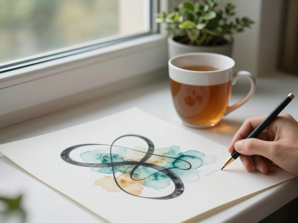 Finished abstract line drawing with watercolor beside a tea mug by a window