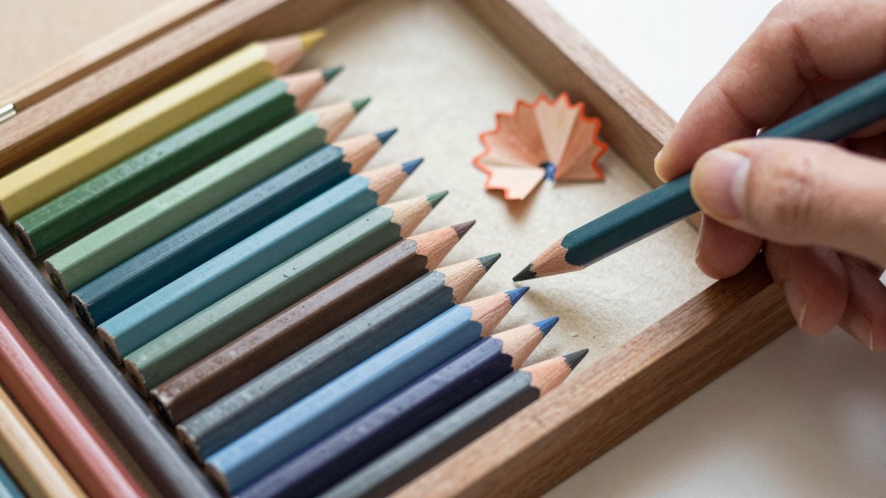 Hand choosing a colored pencil from a box of pastels and pencils on paper