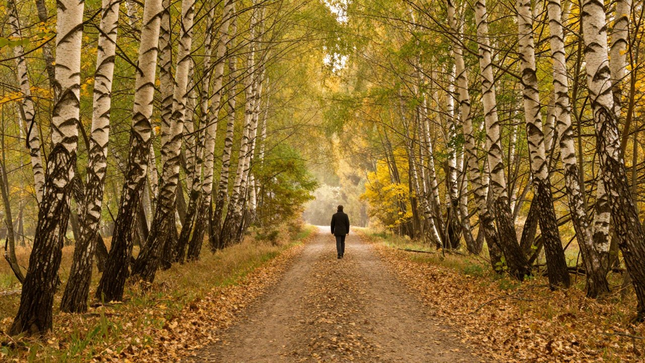 Distant walker on a birch forest path in soft autumn light