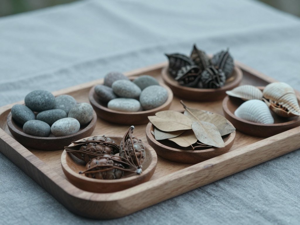 Pebbles, seed pods, shells and leaves sorted into small dishes on grey linen