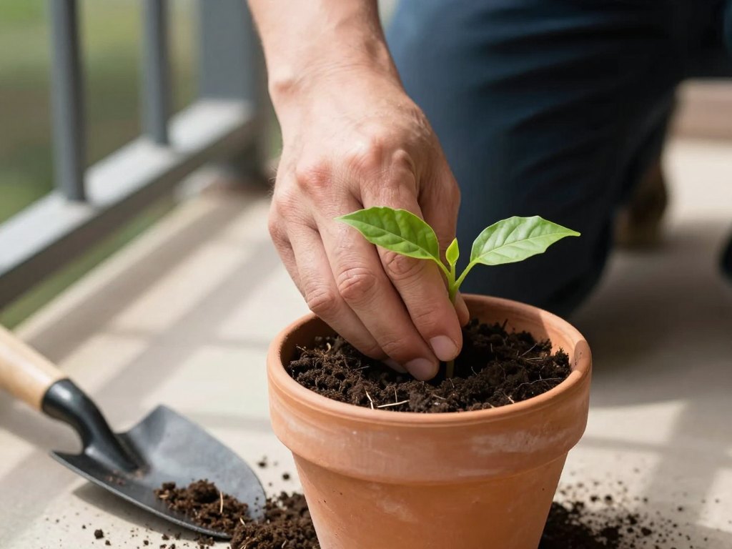 Adult and child hands planting a seedling together in a terracotta pot
