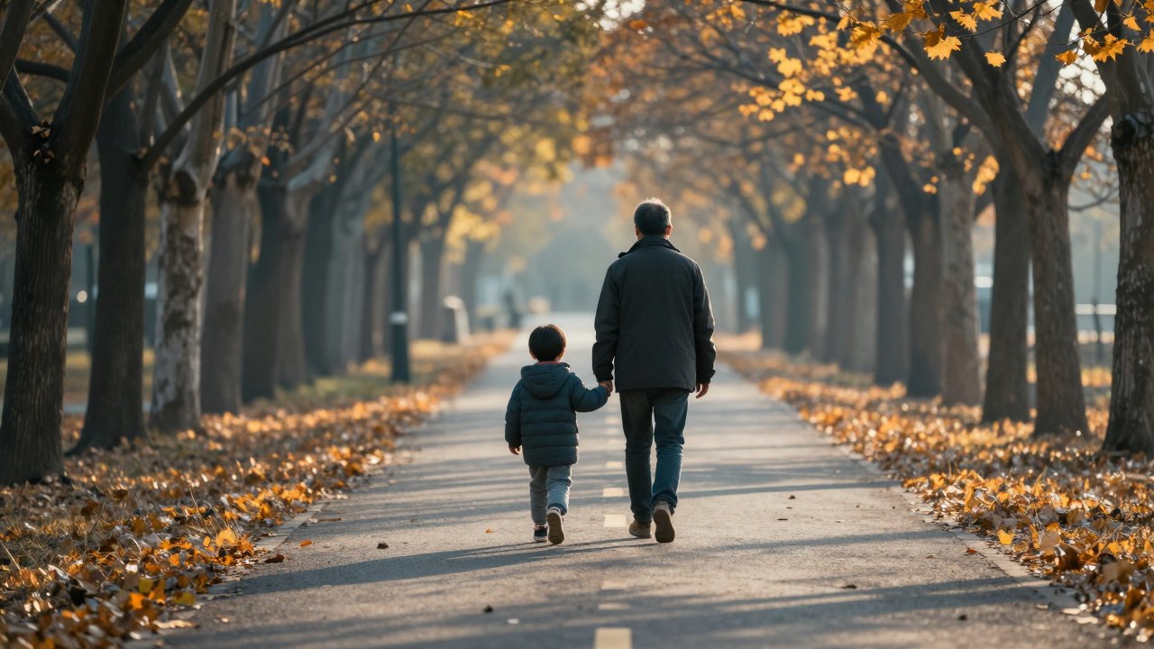 Parent and child seen from behind walking along a leafy path at golden hour