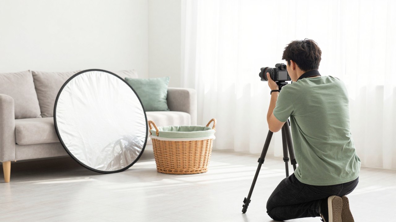 Photographer seen from behind setting up a camera near a wicker basket in a bright room