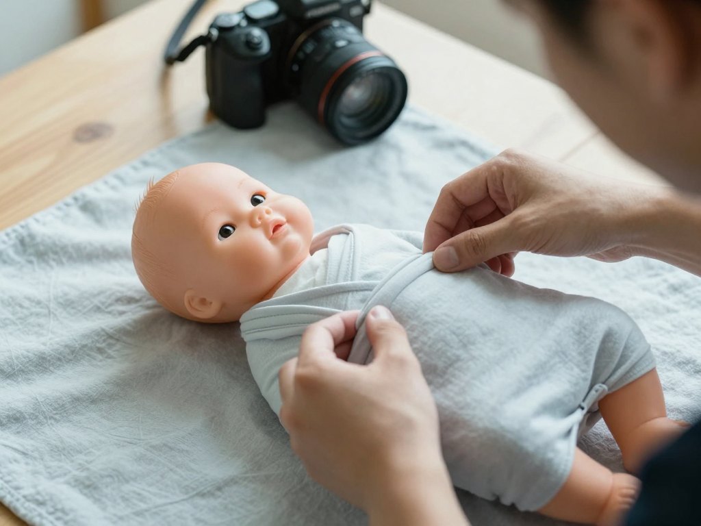 Hands arranging a swaddle on a baby doll beside a camera on a table