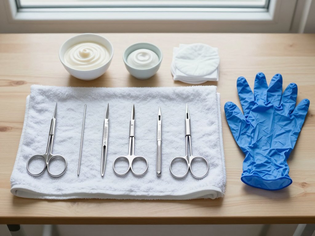 Neatly arranged podology instruments, cotton pads and cream laid out in order on a white towel