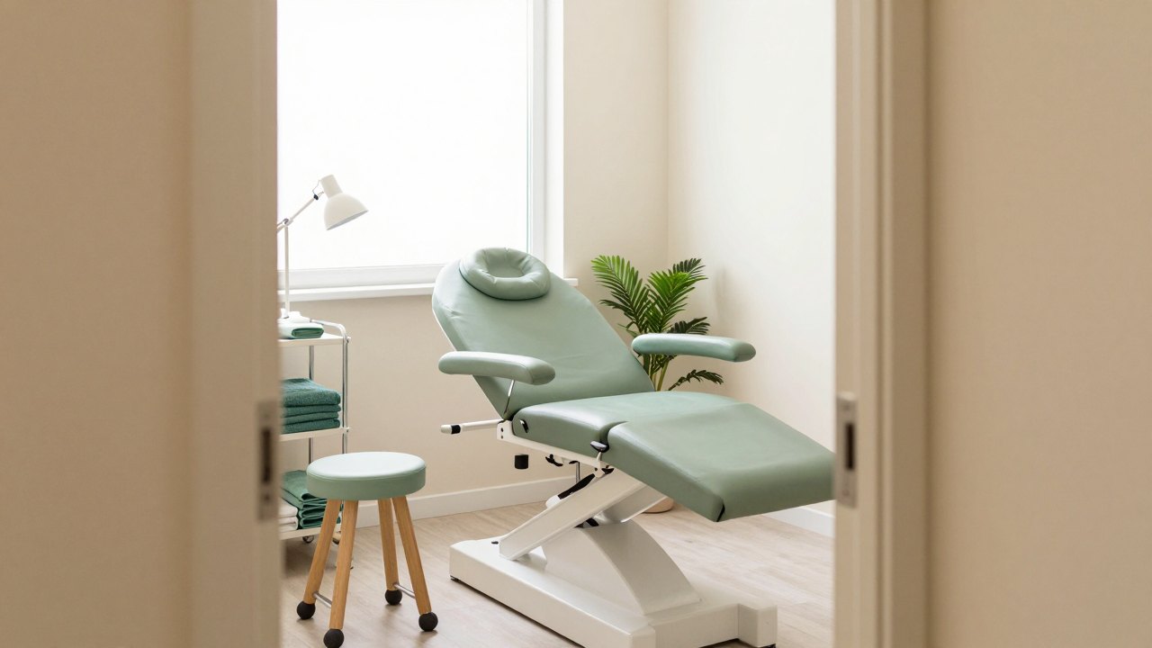 Empty, tidy podology treatment room with a chair, stool, trolley and plant in daylight