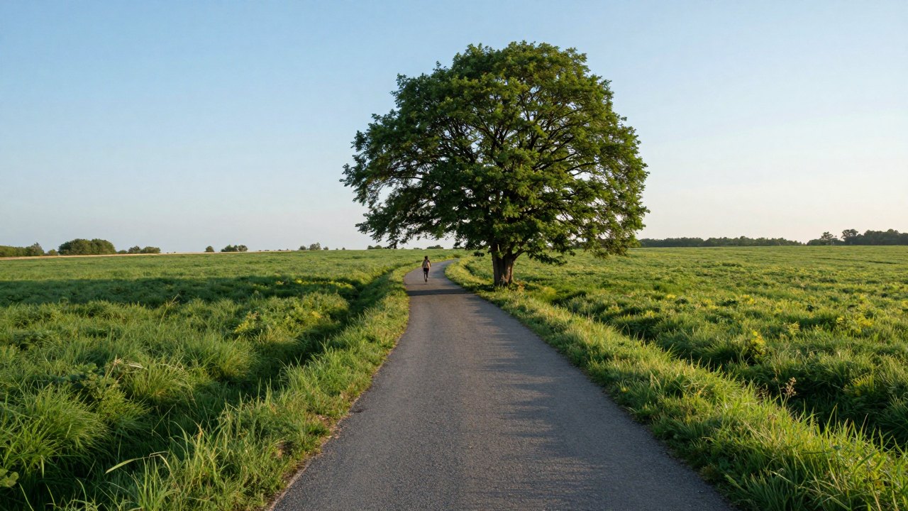 A footpath crossing a sunlit meadow toward trees with a distant walker seen from behind