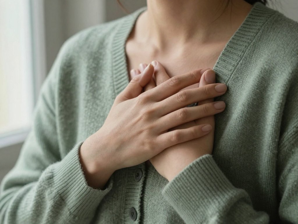 Hands resting calmly over the chest of a person wearing a green knitted cardigan