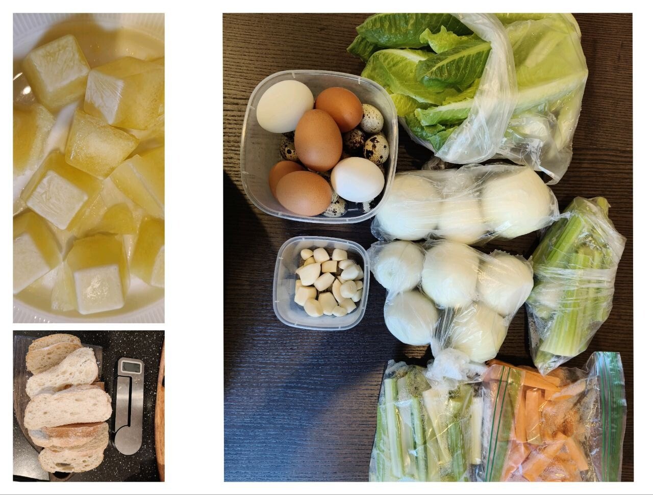 Meal-prep ingredients including eggs, lettuce, carrots, celery, garlic and bread