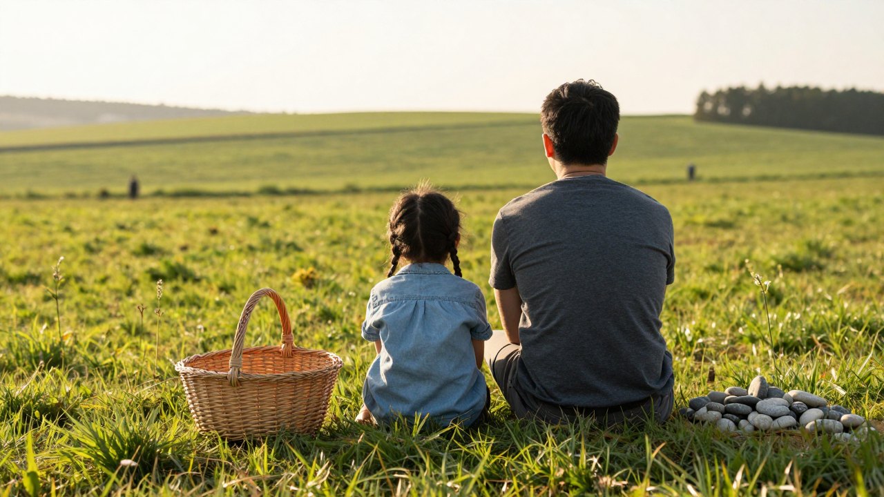Adult and child seen from behind sitting on a grassy hill overlooking fields