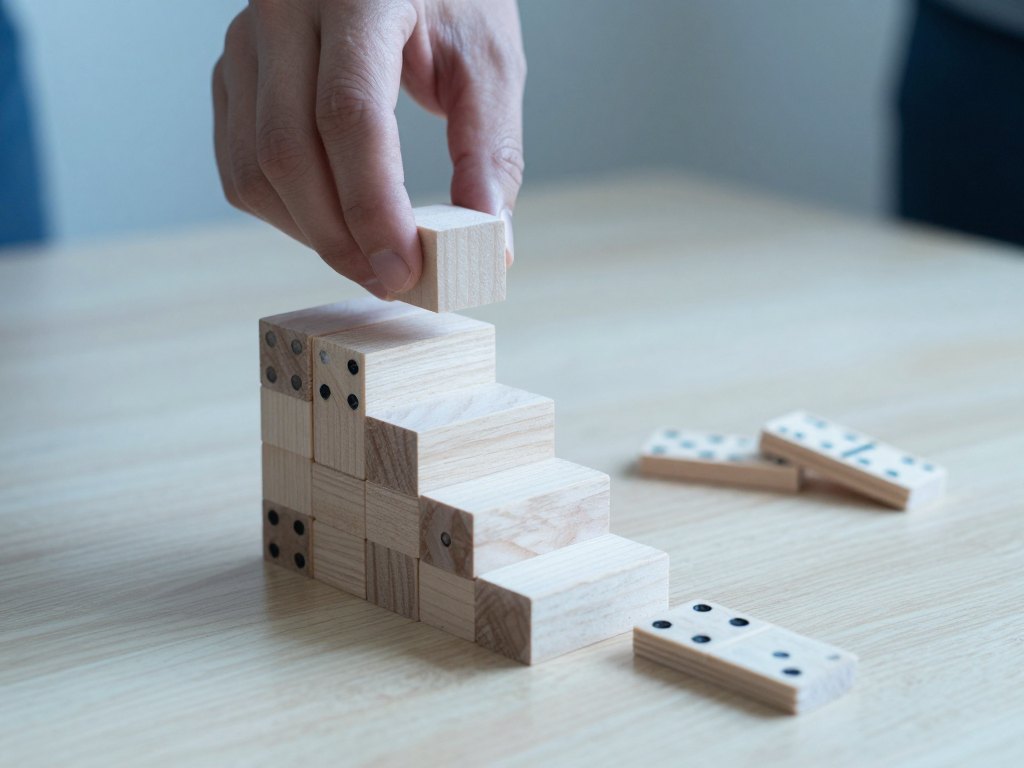 Hand placing a wooden cube on a stepped structure of blocks on a desk