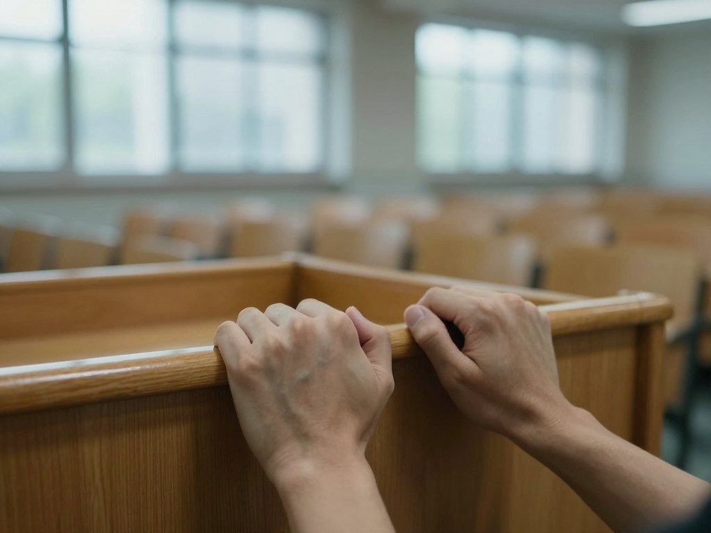 Hands gripping the edge of a wooden lectern in front of blurred empty chairs