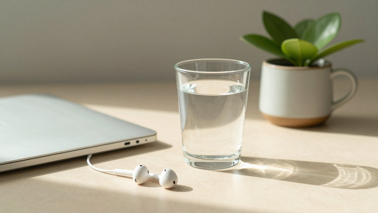 Glass of water, closed laptop, earphones and a plant cutting on a sunlit desk
