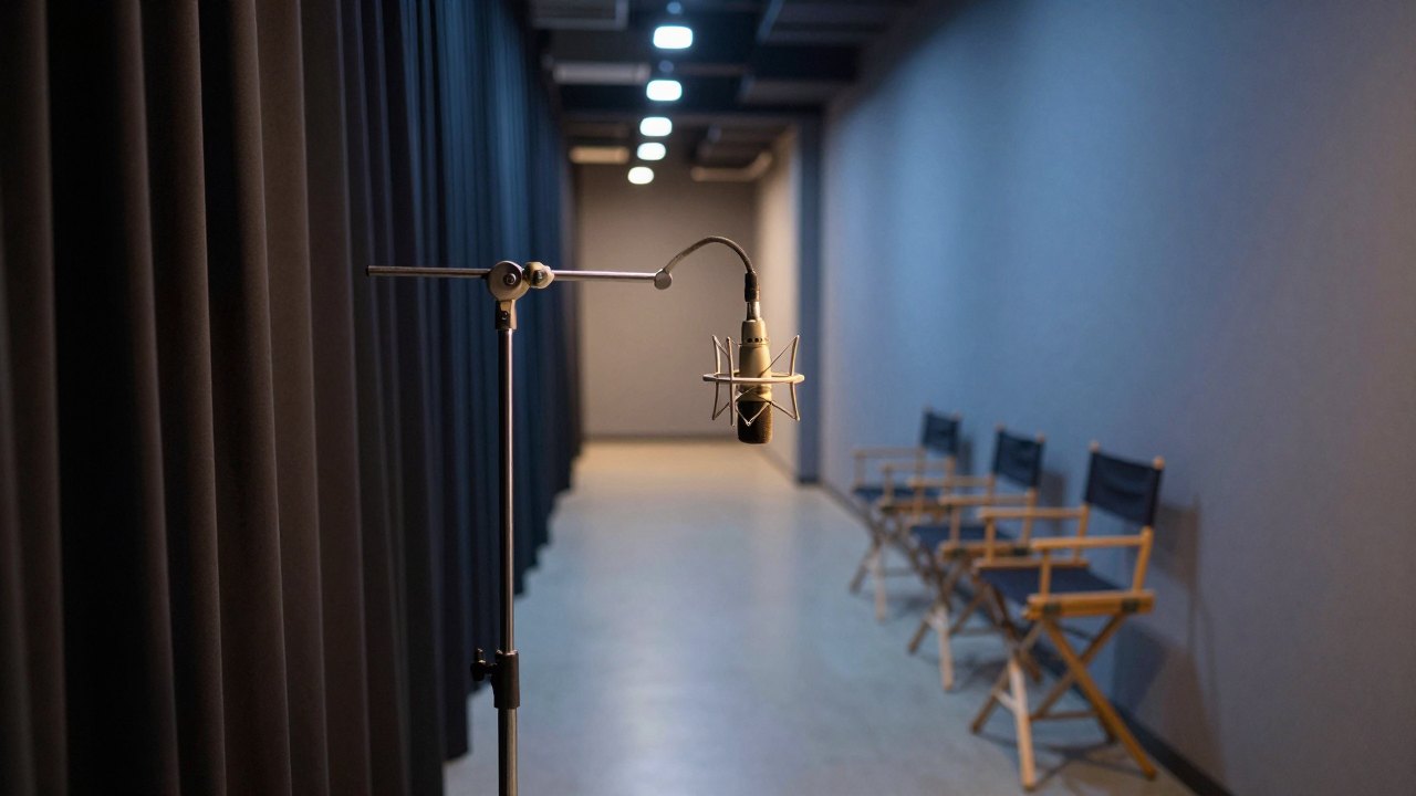 Empty television studio with a microphone on a stand and soft lights behind