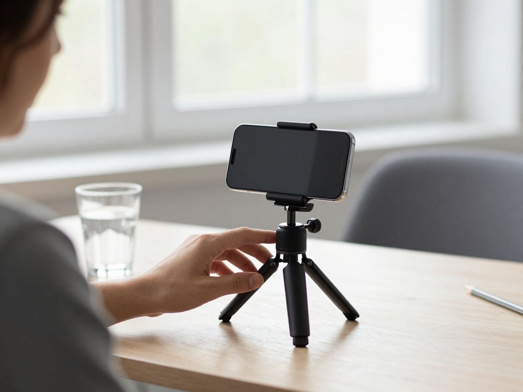 Hand adjusting a phone on a small tripod beside a glass of water