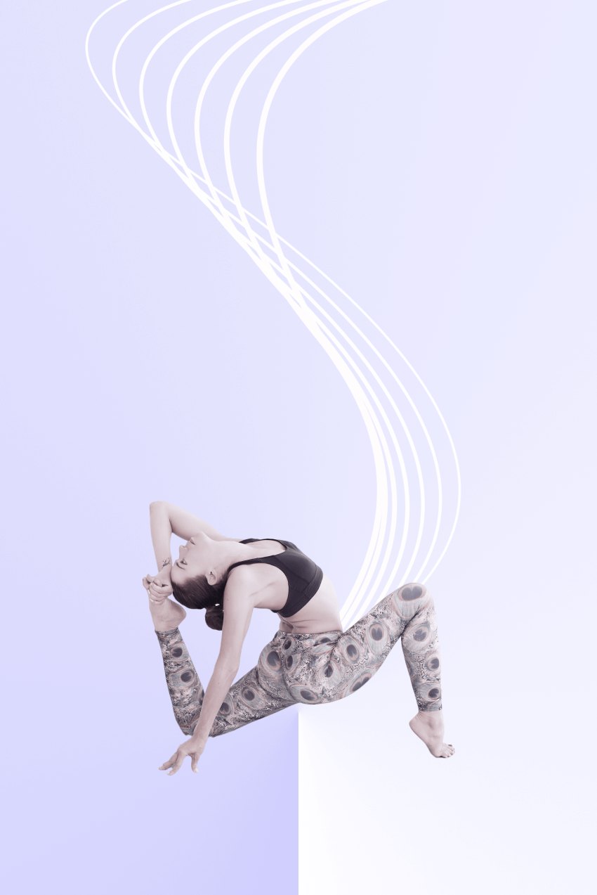 Woman in patterned leggings performing a deep backbend against a lavender background