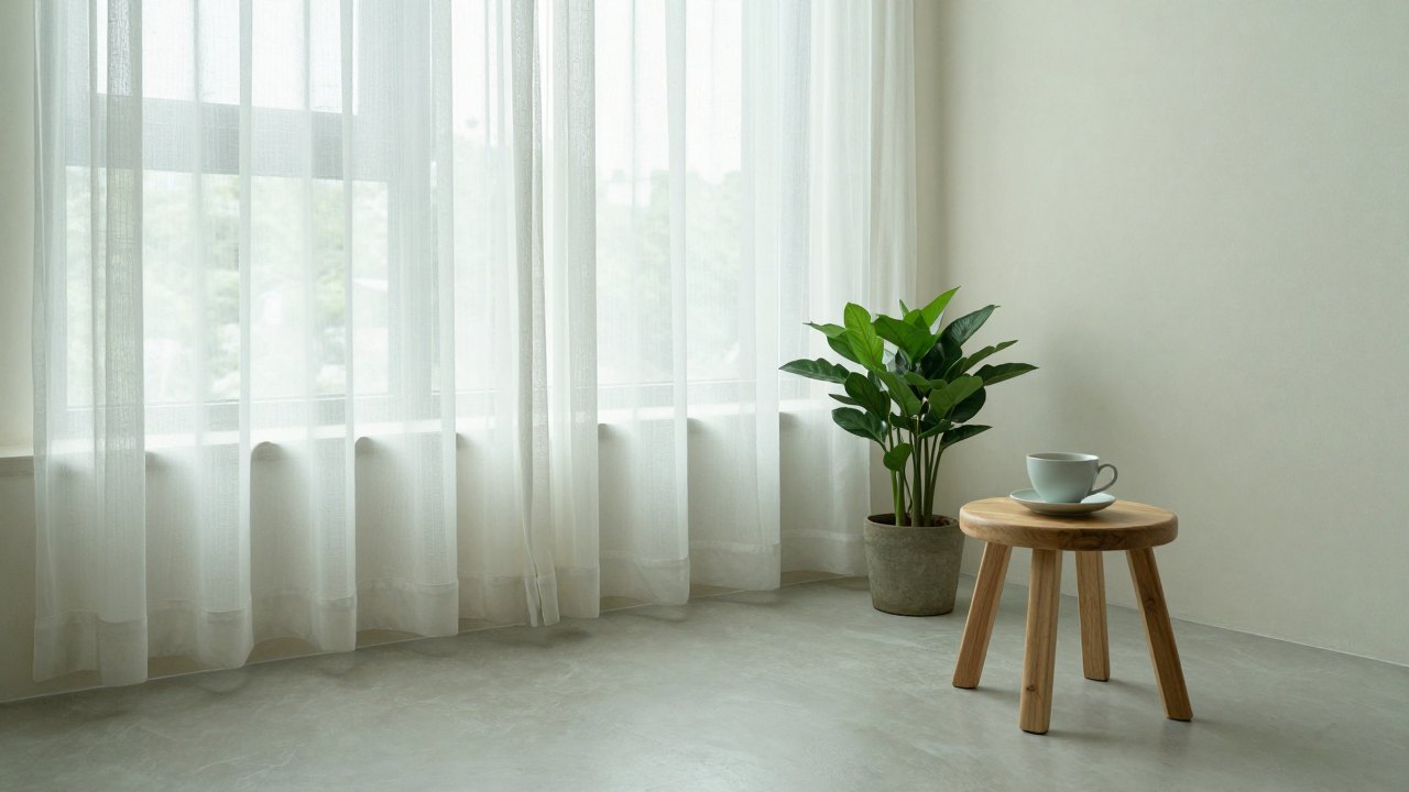 Calm empty home corner with clear floor space, window curtains, a plant and a teacup