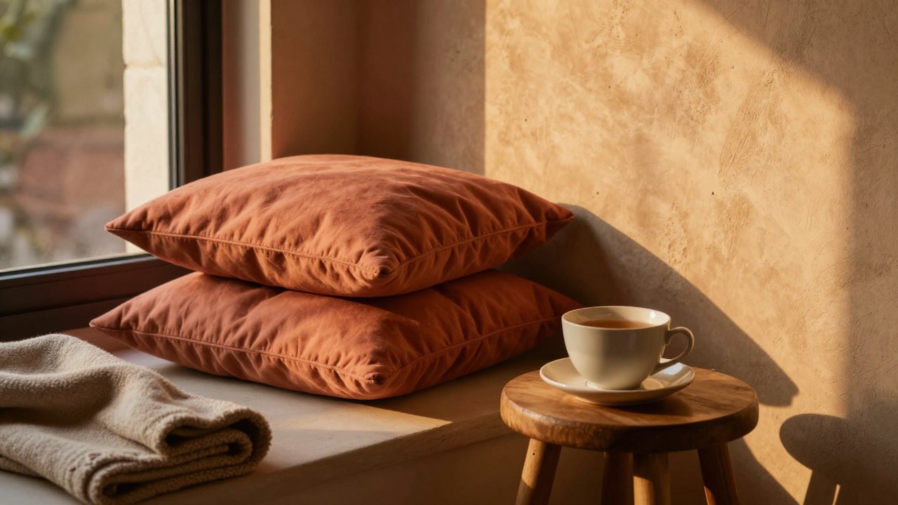 Bolster, cushions and blanket by a window with a cup of tea in golden light