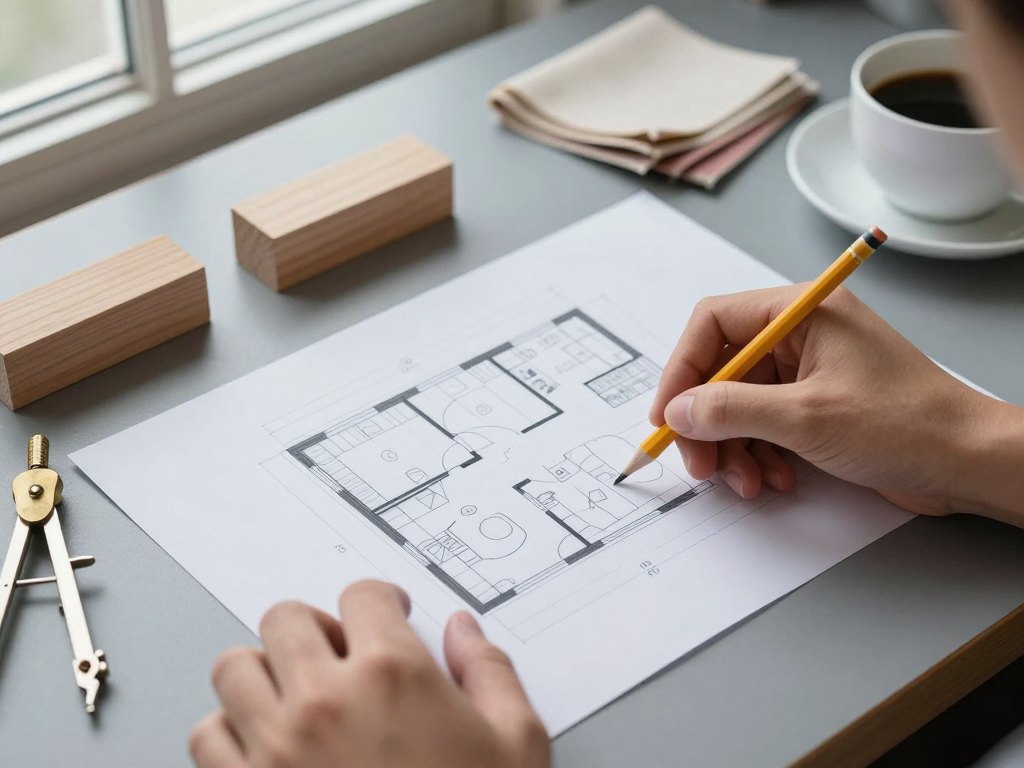 Hands sketching a restaurant layout on tracing paper beside small wooden blocks and fabric swatches