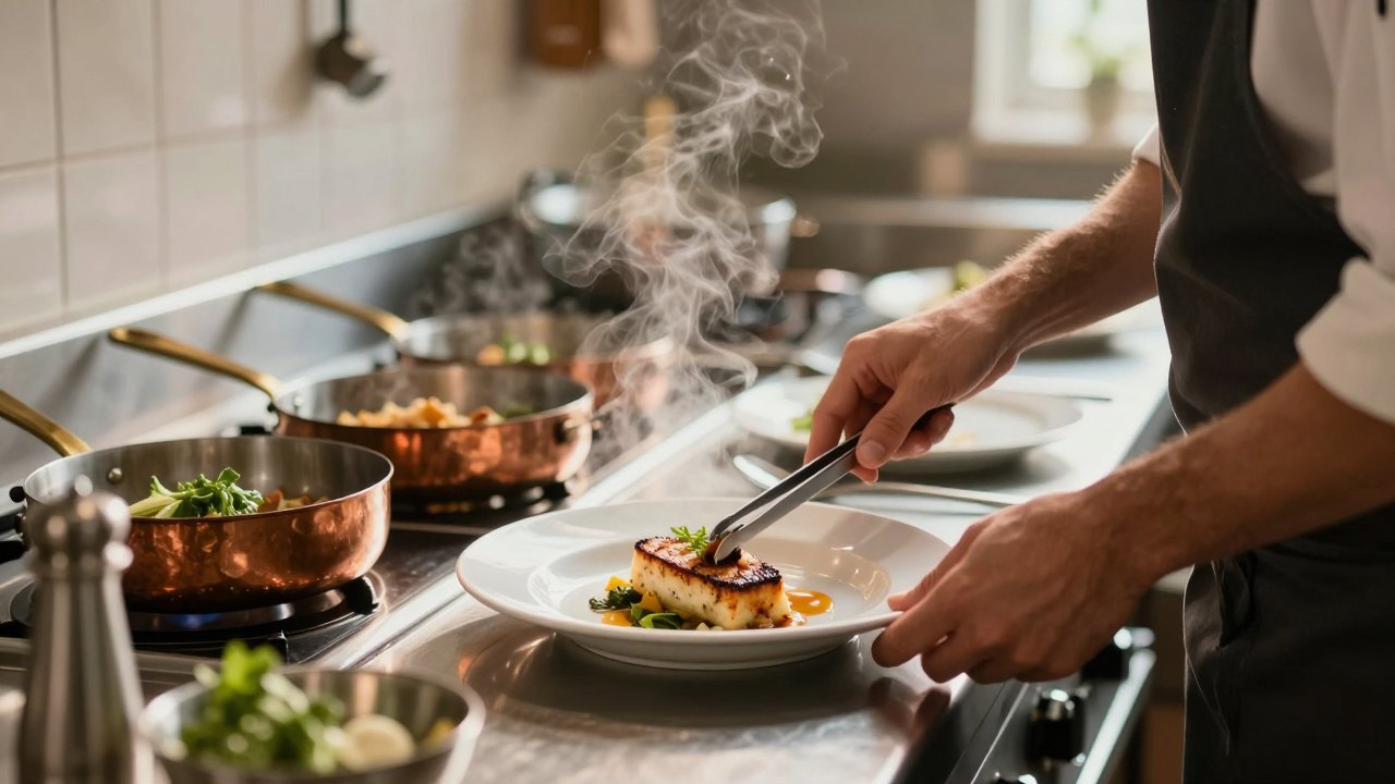 Cook's hands plating a dish at a stainless steel kitchen pass with steam rising