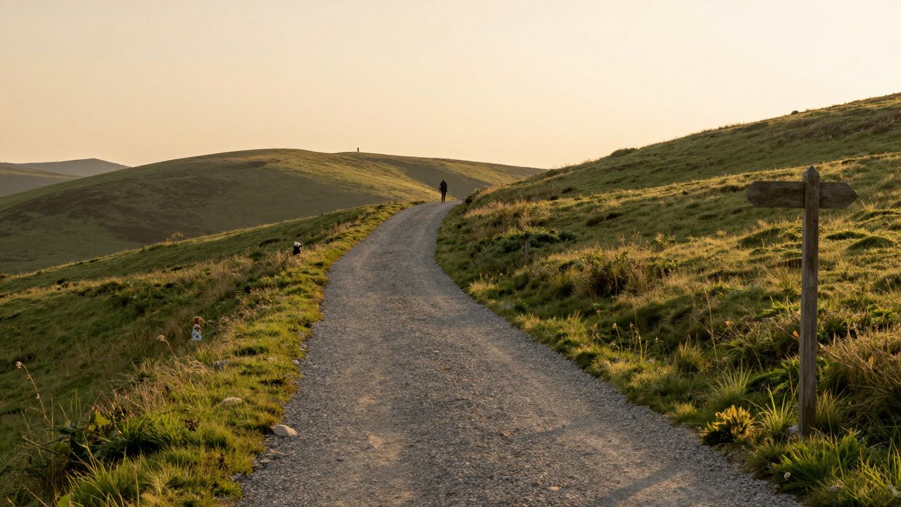 Gravel path winding through green hills with a distant hiker walking away at sunset