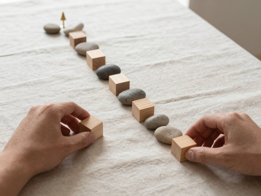 Hands placing stones and wooden blocks in a winding path toward a small brass marker