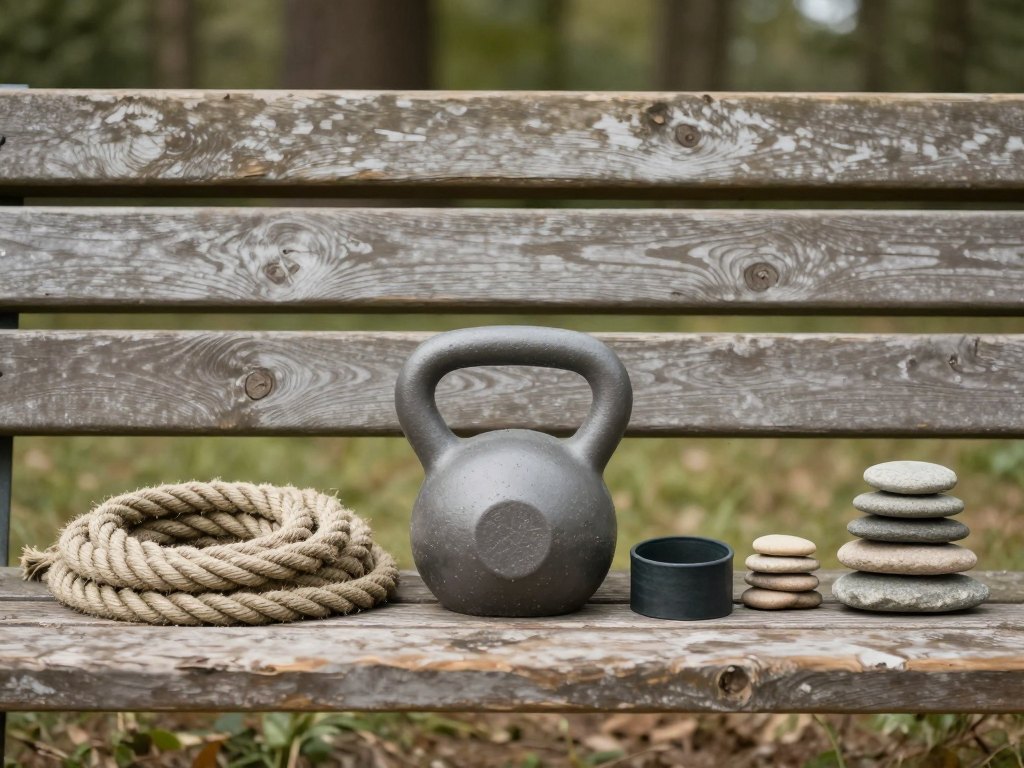 Rope, kettlebell, resistance band and flat stones arranged in a row on a park bench