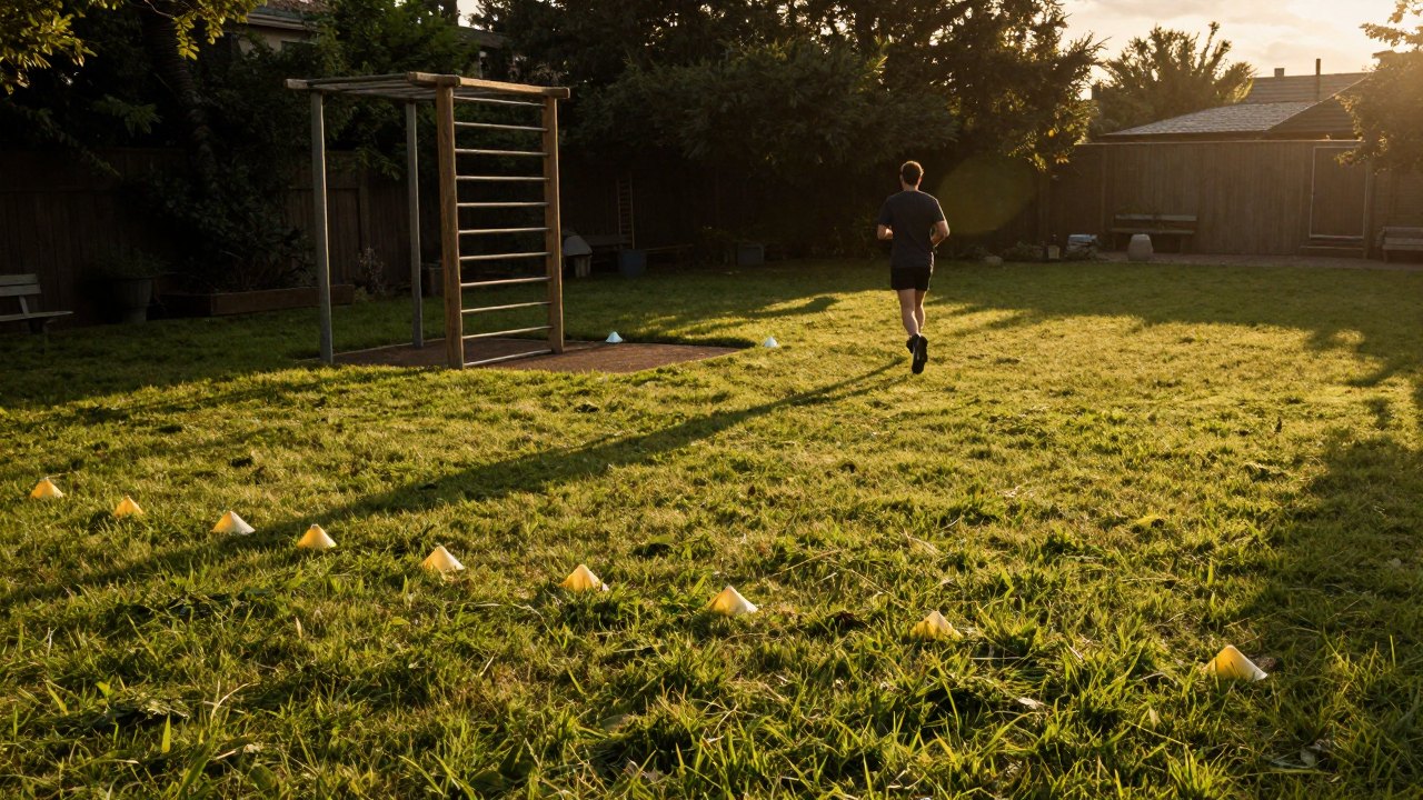 Runner seen from behind on a grassy yard path past a wooden training frame at sunset