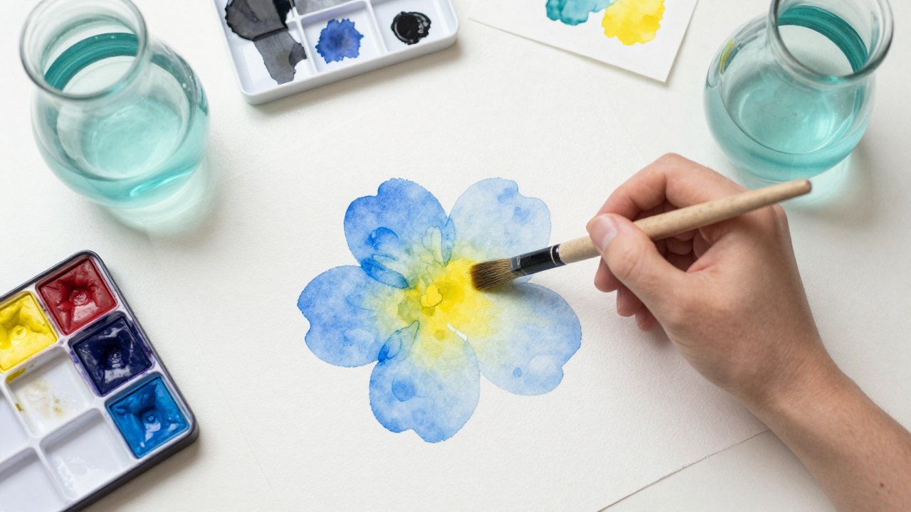 Hand with wet brush painting loose flower shapes in watercolour on paper