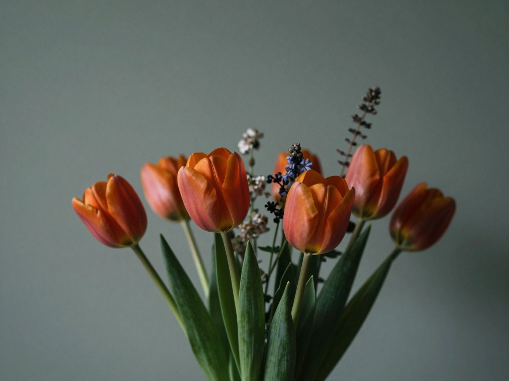 Bouquet of tulips and wild flowers with clear silhouette against a grey-green wall