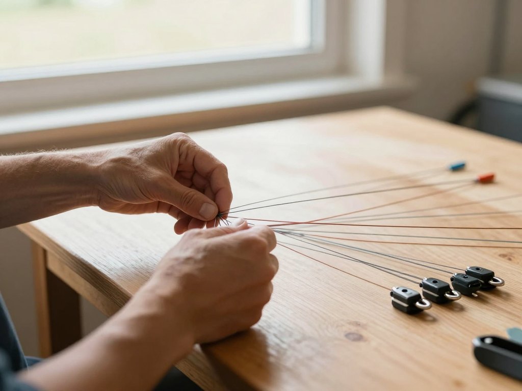Hands sorting paraglider lines beside a riser on a wooden table