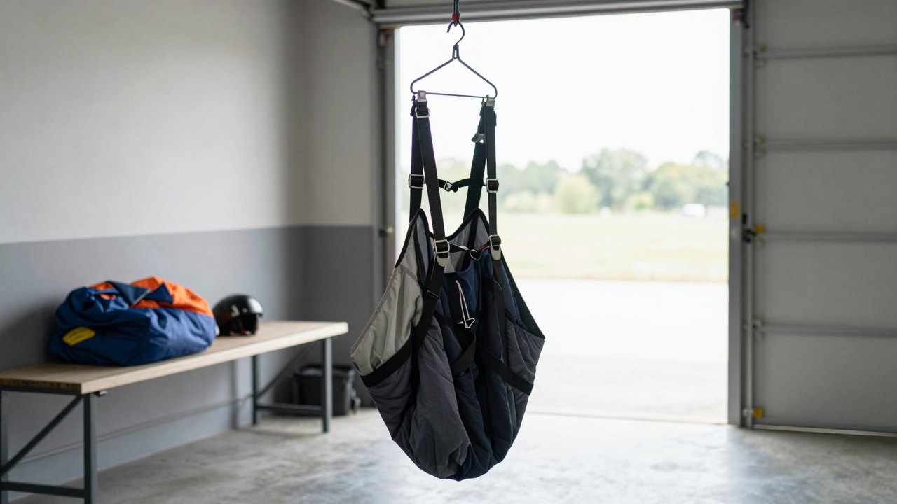 Empty paraglider harness hanging in a workshop with helmet and reserve container on a bench