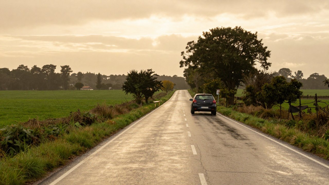 Wet country road at sunset with a distant car driving away between green fields