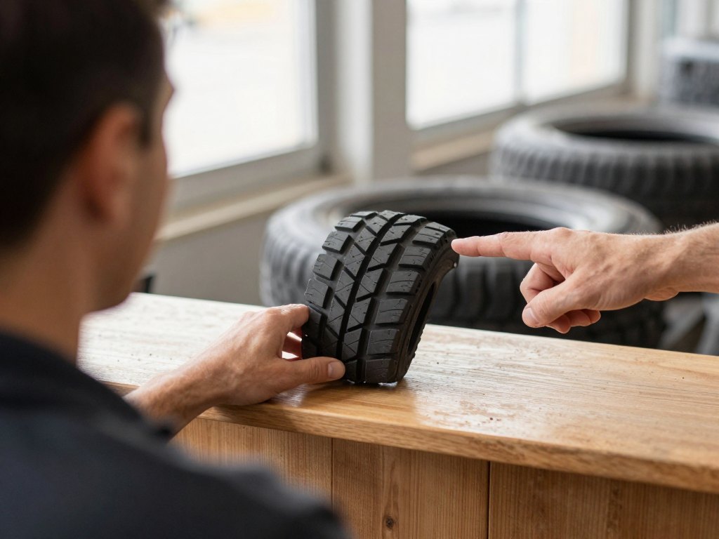 Two people's hands over a tyre tread sample on a workshop counter